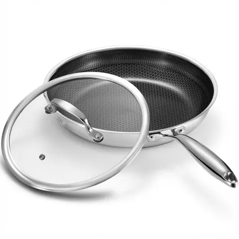 TIBBICC Non Stick Frying Pan (10/12 in) with Lids - Hybrid Stainless Steel-Aluminium Flat Skillet, Chef Pan, Stay-Cool Handle, PFOA-Free Non-Toxic Cookware, Oven Safe, All Cooktops Compatible, Home Essential, Dishwasher Safe,familyfun