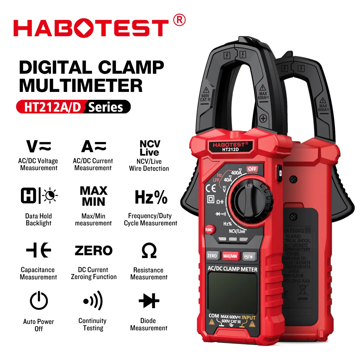 HABOTEST HT212A/D Clamp-on Multimeter Digital Voltmeter 4000-Count LCD Display AC/DC Current and Voltage Tester Features Non-Contact Voltage Detection and LED Illumination