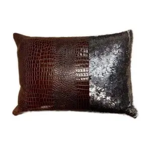 Brown Leather & Sequin Kidney Throw Pillow