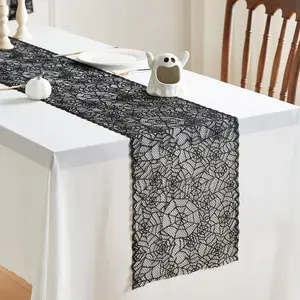 Spider Web Pattern Lace Table Runner, 1 Count Solid Color Tablecloth, Table Decoration Supplies for Home Kitchen Dining Room Party, Halloween