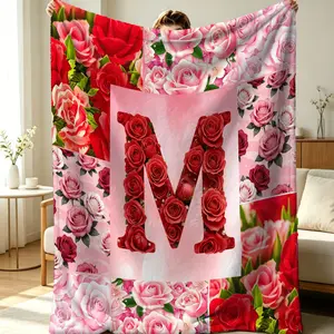 Rose Monogram Printed Blanket, Ultra-Soft Fabric, Neat Stitched Edges, Perfect for Sofa, Bed & Office, Cozy and Romantic for Daily Use.