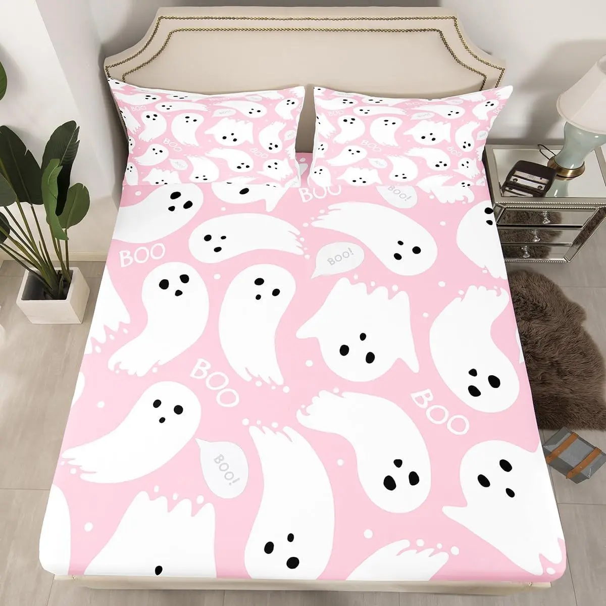 Feelyou Pink Halloween Microfiber Bedding Set - Kawaii Ghost Print, Deep Pocket Colorful Graphic Machine-Washable Fitted Sheet, Ghost Face Blanket (Flat Sheet Not Included) for Kids, Colorful Fitted Sheets, Graphic Fitted Sheets