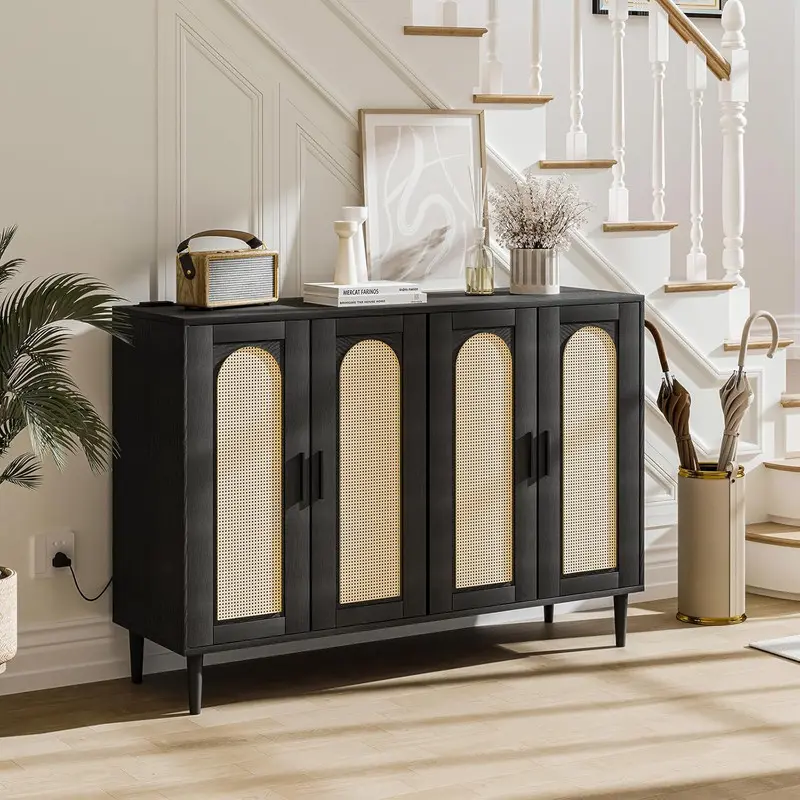 Modern Black Durable MDF-Rattan 4-Door Sideboard Buffet Home Storage Cabinet - Indoor Furniture with AC Outlets, USB Ports, Metal Handles, Adjustable Shelves, Rattan Accents, Versatile Storage for Dining Room, Various Room Types