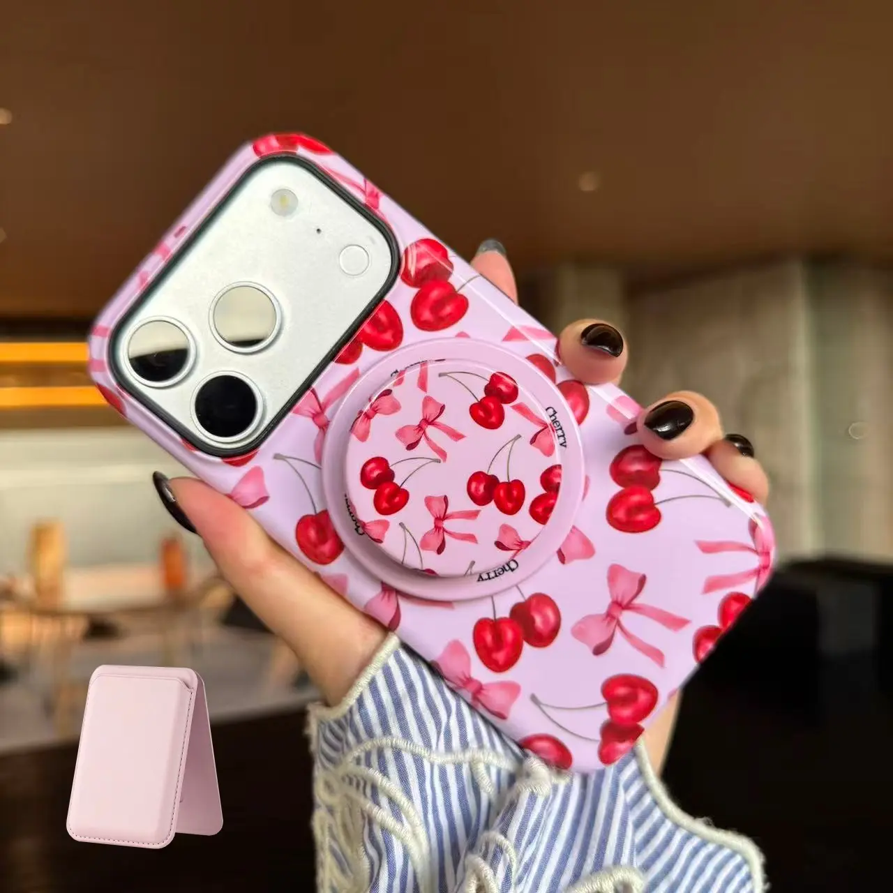 Aivona Fpr iPhone 17 16 15 14 13 Magnetic Phone case - Protective Cover 16 Plus Phone Case With Wallet, Cherry & Bow Design Case [Applicable to Magsafe]