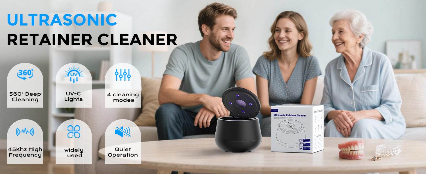 45kHz Ultrasonic Retainer Cleaner, 200ML Dental Cleaning Pod for Dentures, Mouth Guards, Braces, Aligner, Toothbrush Jewelry and More, UV Denture Cleaner with 4 Modes & Digital Timer