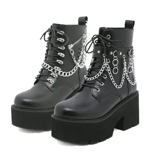 Fashion Chunky Heel Platform Combat Ankle Booties Women's Chains Lace up Studded Motorcycle Combat Short Boots Round Toe Side Zipper Black Gothic Boots