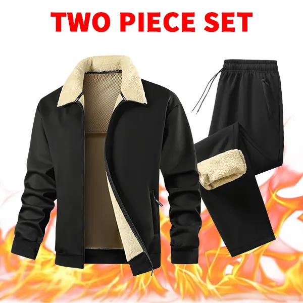 Men's Fleece-Lined Tracksuit Two-Piece Set, Thermal Winter Zip-Up Jacket and Drawstring Sweatpants, Cozy Outdoor Athletic Outfits