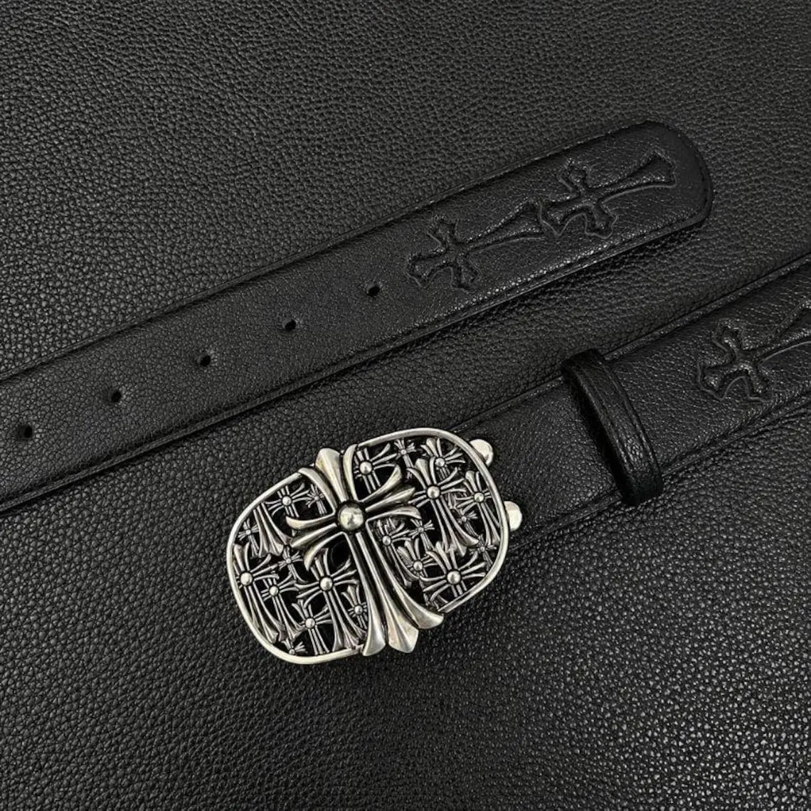 Limited Black Gothic Cross Embossed Belt, Vintage PU Leather Waist Belt, Unisex Streetwear Trouser Belt, Adjustable Silver Buckle Belt, Y2K Fashion Accessory