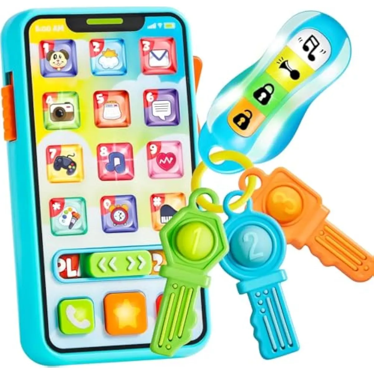 Baby Musical Toy Phone and Car Keys Teether Set, 60+ Music and Learning Phrases, Baby Learning Toys 10 Months, Toddler Birthday Gifts for Girs Boy