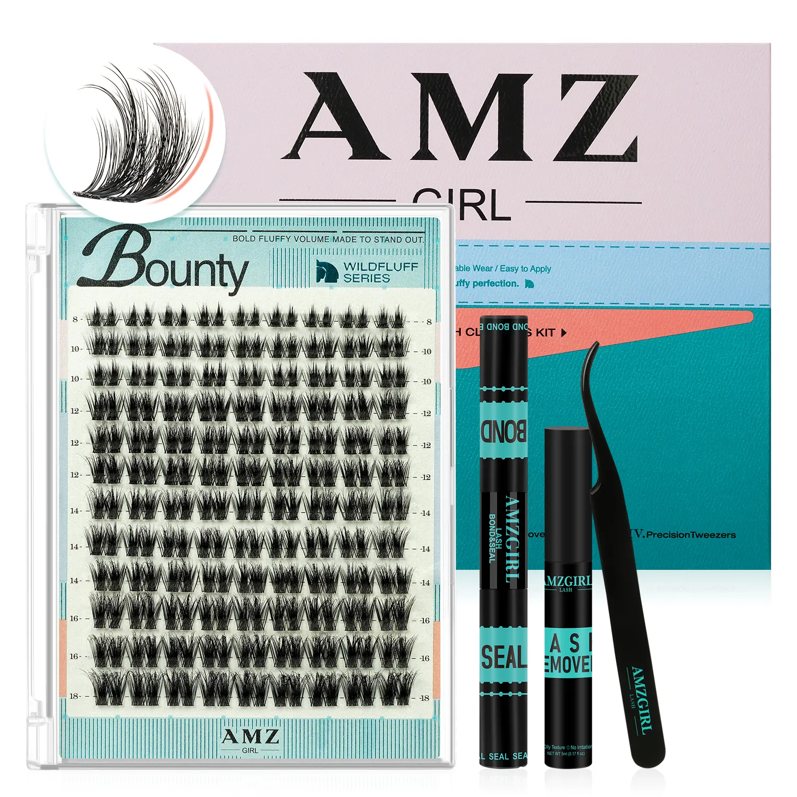 AMZGIRL Lash Clusters Kit WildFluff DD Curl Eyelash Extension Kit WildFlow Lashes Cluster Invisible Band Lash with White Lash Bond and Seal Lash Remover and Lash Applicators for Summer Outfits & Vacation Looks
