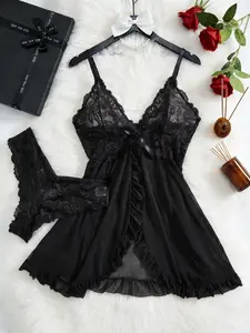 Women's Ruffle Trim Cami Nightdress & Bow Decor Panty Set, Comfortable Playful Floral Lace See Through Sleepwear Set, Lingerie