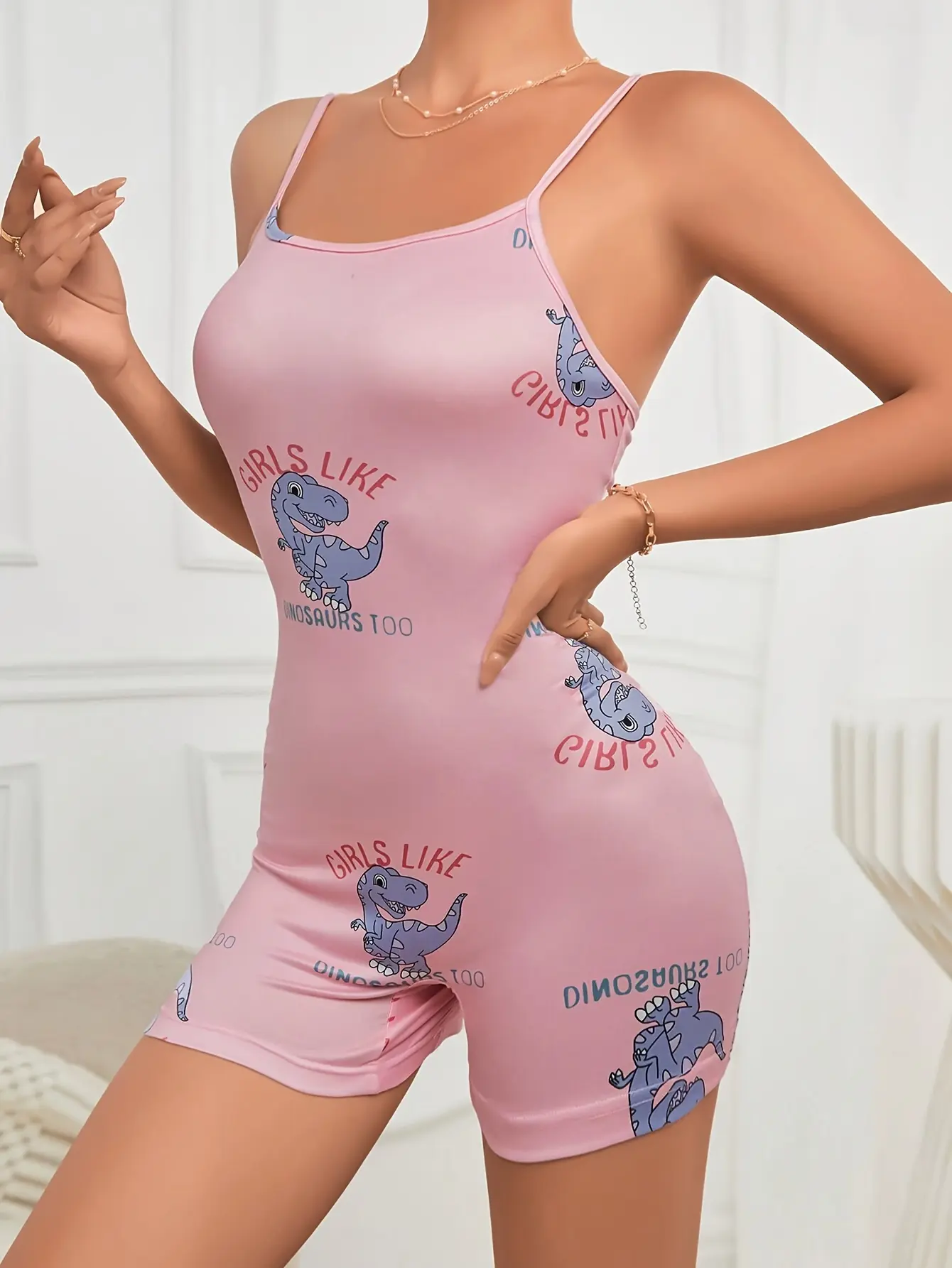 Women's new style cartoon dinosaur print halter shorts one-piece pajamas comfortable casual home wear