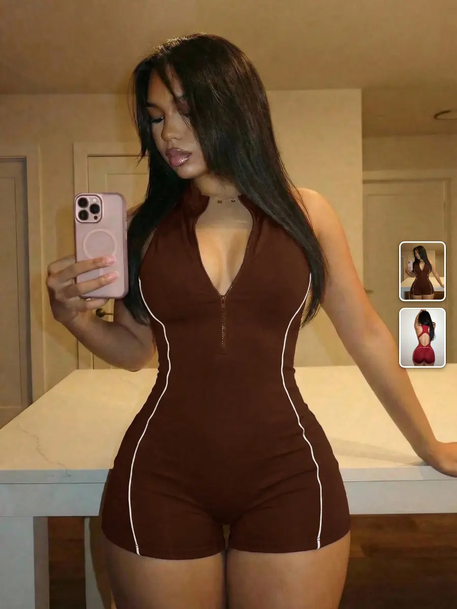 Bodycon Jumpsuit Red White Striped Zipper Stretchy Summer Athleisure Music Festival