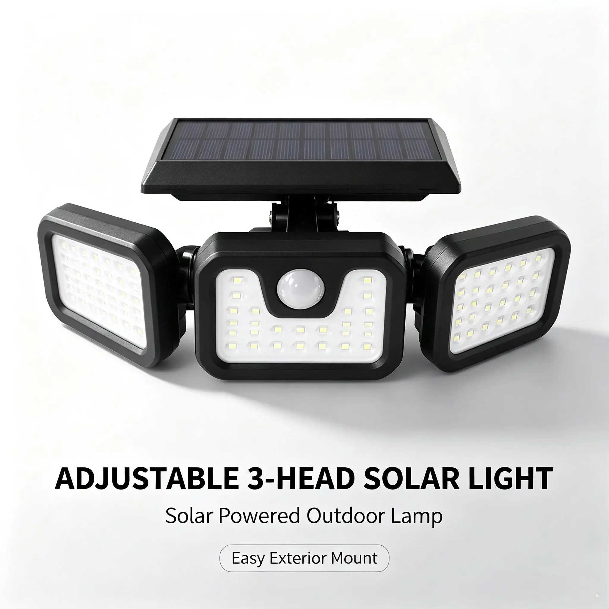 2-Pack Solar LED Outdoor Flood Lights - 3 Adjustable Rotatable Lamp Heads, Motion Sensing Fixture, Weather Resistant, No Hard Wiring, Led Lighting with Wide Coverage for House, Backyard, Garage, Wall Mount, Automatic, Durable, Waterproof, Garages, No Hard