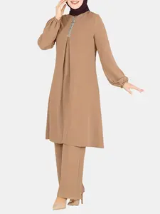 Women's Plain Contrast Sequin Bishop Sleeve Round Neck Tunic Top & Wide-Leg Pants Islamic Set, Chic Modest Casual Long-Sleeve Muslim Top & Trousers Two-Piece Set for Daily Wear, Women's Islamic Clothing for All Seasons, Outfit Set for Women