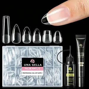 UNA GELLA 216PCS Half Cover No Buffer Nail Extension Kit - No Curing Light All-In-1 DIY Salon Manicure Set for Beginners, 15ml Non-Runny Semi Solid Glue, Remover, Built-In Curve Clear Press-Ons, Nail Art Supplies