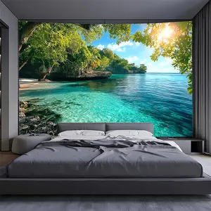 1pc Tropical Coastal Backdrop - Turquoise Ocean, Palm Trees & Cliff Landscape Photography Background for Party Decorations, Photo Shoots - Realistic Tropical Beach Scene Wallpaper - No Electricity Needed - Indoor/Outdoor Event Decoration - Multiple Sizes