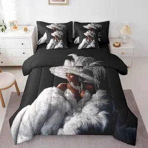 Black Girl Comforter Set with Sheets Modern Trendy Grey Silver Bed in a Bag for Girls Teens Women African American Fashion Dress Diamond Print Aesthetic Elegant 7 Piece Bedding Set