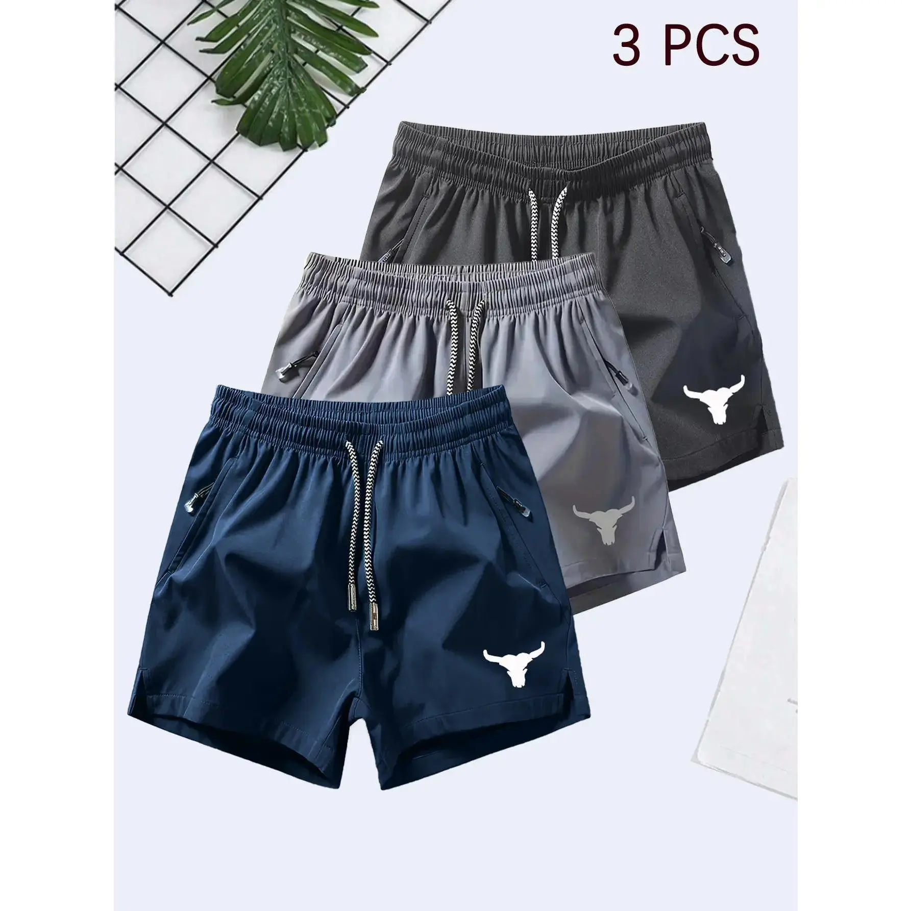 Men's 3-Pack Athletic Shorts with Bull Head Print, Lightweight Cotton Unisex Bottoms for Gym Workouts and Sports, Quick-Dry & Breathable, 3 Pcs, Active Sports, Sporty Chic