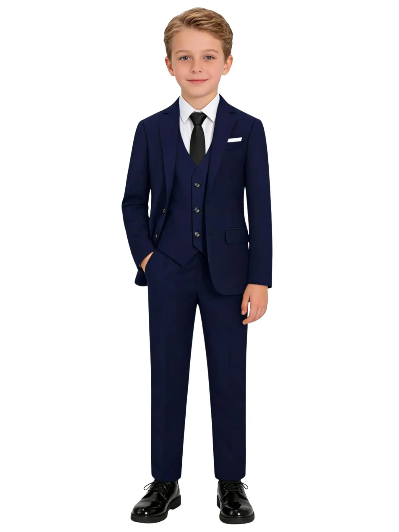 4-Piece Boys Junior Children Navy Blue/Black Slim Fit Formal Solid Color Suit Set Outfit (Blazer + Vest + Pants + Bow Tie) | Dignified Gentleman Style | Ideal for Weddings, Graduations, Church, Party & Special Occasions - 19133