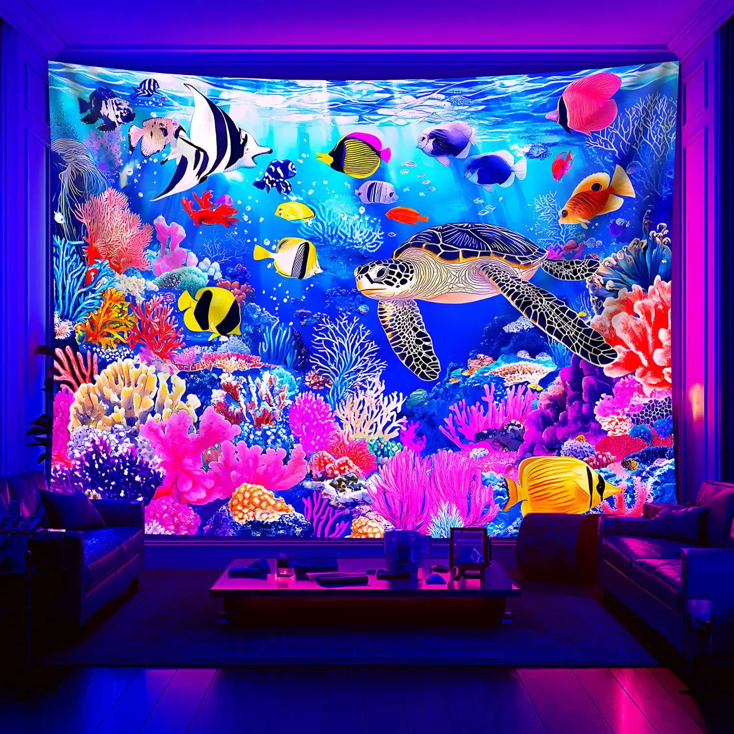 1pc Extra Large Glow-in-the-Dark Tapestry - UV/Blacklight Reactive Coral Reef with Glowing Fish & Turtles - Wrinkle-Resistant Peach Light Beige Fabric - Glow Under UV Light for Party, Bedroom, Living Room, - Marine-Themed Glow-in-the-Dark Wall Decor - Eas