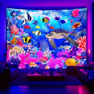 1pc Extra Large Glow-in-the-Dark Tapestry - UV/Blacklight Reactive Coral Reef with Glowing Fish & Turtles - Wrinkle-Resistant Peach Light Beige Fabric - Glow Under UV Light for Party, Bedroom, Living Room, - Marine-Themed Glow-in-the-Dark Wall Decor - Eas
