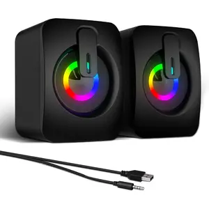 RGB  Speakers, USB- PC Speakers with 7-Color LED Backlight, 3.5mm Aux Compact Soundbar for Desktop, Laptop, Tablet - Crisp Audio & Space-Saving Design