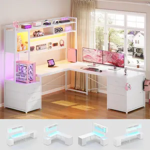 Sedeta L-Shaped Gaming Desk - Reversible Corner Unit with Built-in LEDs, Dual Workstations, Drawers, File Drawer, Hutch, Storage Shelves, Power Outlet, Stable Wood-Metal Base for Home Office Use