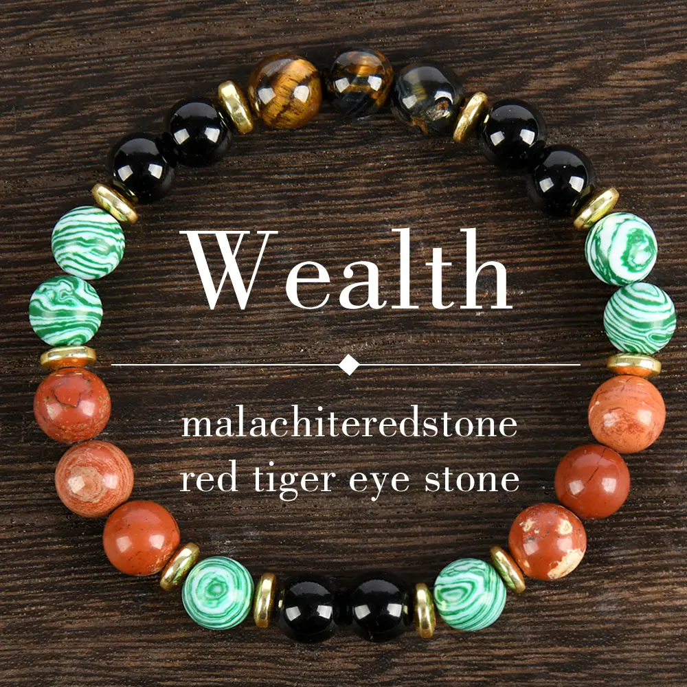 Unisex Exquisite High Quality Natural Beaded Bracelet - Malachite, Red Tiger Eye, Redstone Crystals, 15-20cm Adjustable Elastic Band, Adults, 20g, Ethnic Traditional Design, Prosperity Focus, Daily Wear Costume Jewelry