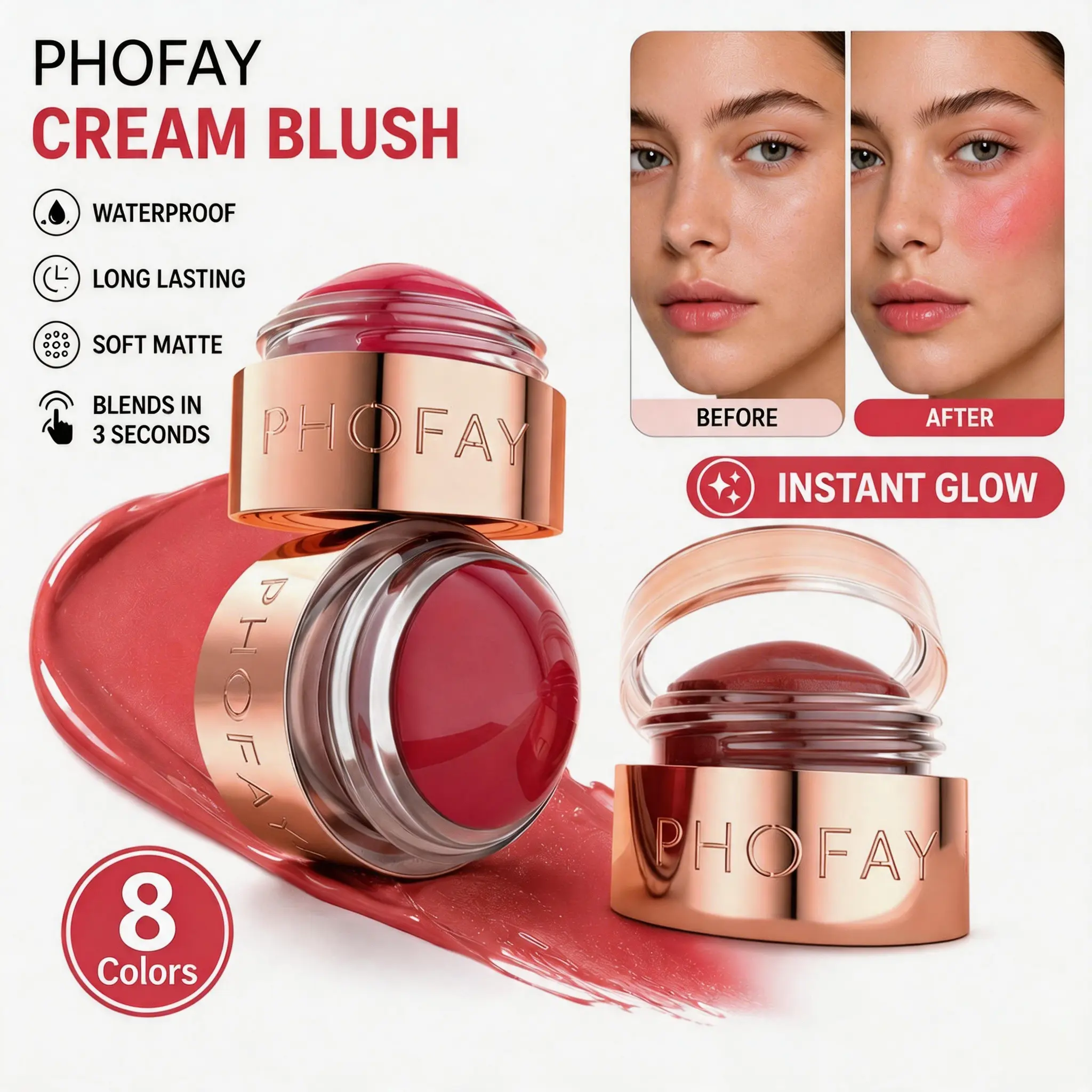 PHOFAY 3-in-1 Mousse Cream Blush, 8Color Buildable Shade for Cheeks & Lips, Youth-Focused Long-Lasting Lightweight Formula, Soft Matte Finish, Water-Resistant Transfer-Proof, 55g Smooth Cosmetics Products, Contains Neither Parabens, Natural Radiance