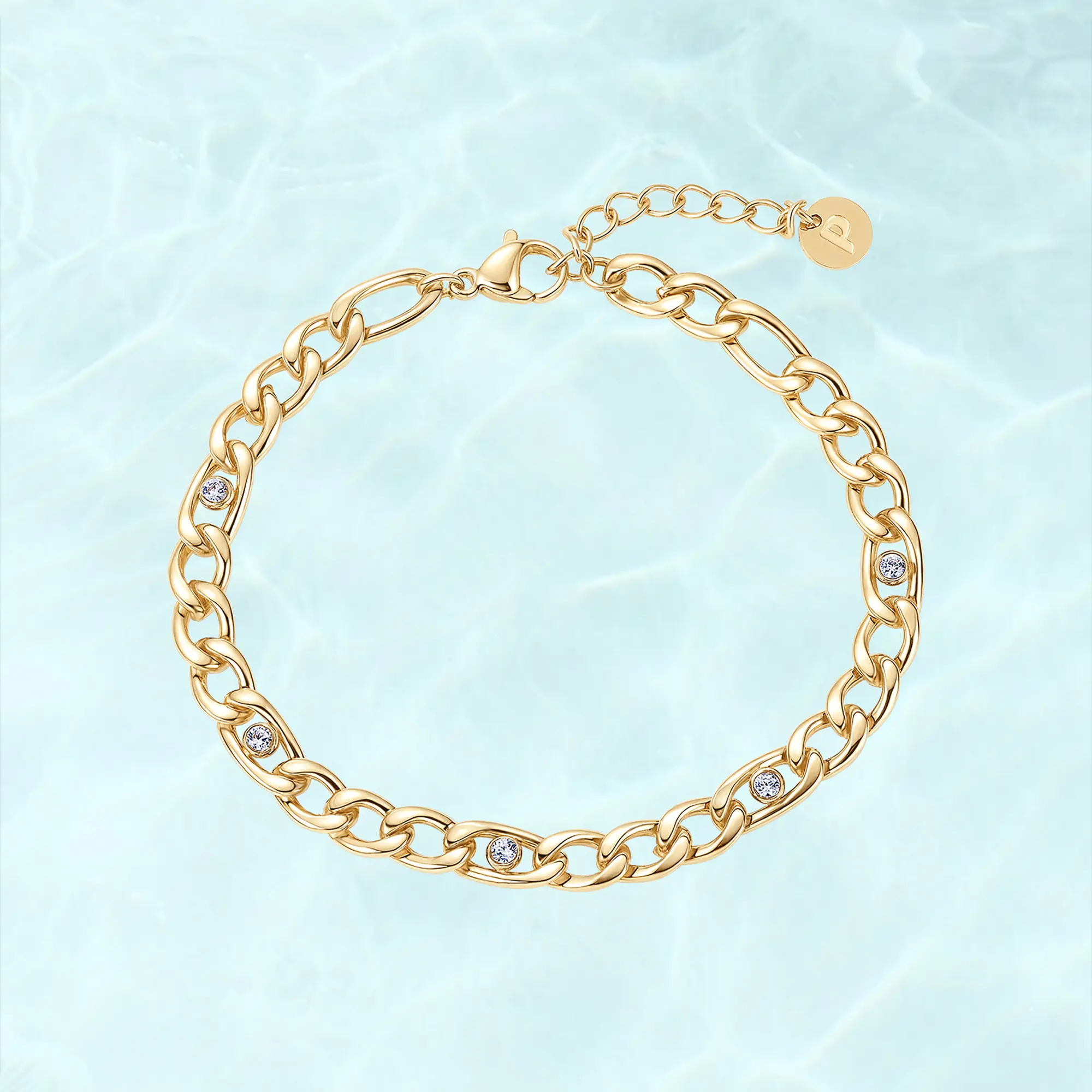 PAVOI Waterproof Curb Chain Bracelet for Women - 14K Gold Plated Chain Gold Bracelets with Cubic Zirconia - Stainless Steel Adjustable Stackable Trendy Summer Jewelry