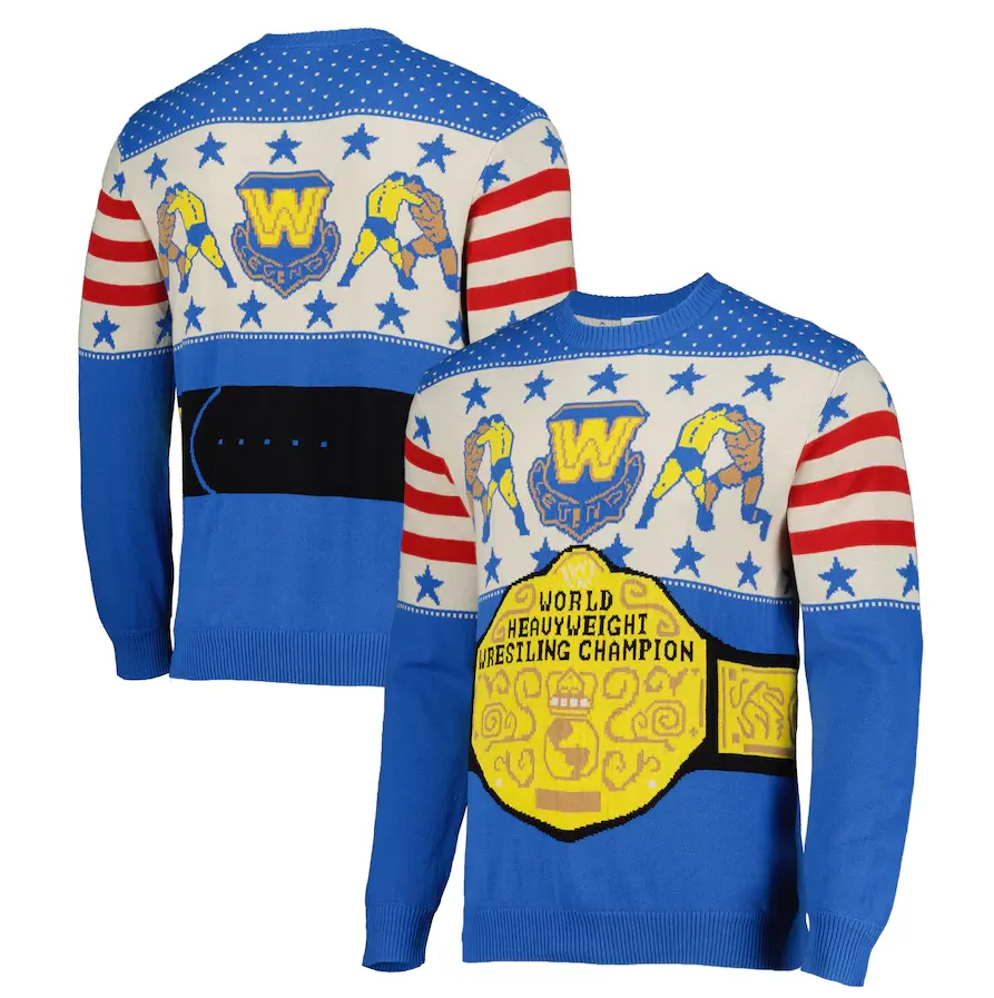 WWE World Heavyweight Champion Christmas Sweater – Blue Holiday Knit Pullover with Retro Wrestling Belt Design | Ugly Xmas Sweater