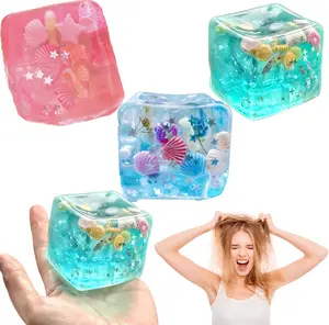 2026 New 3Pcs Fidget Cube Ocean Squishy Toy Slow Rise Ice Cube Stress Ball with Ocean Shells Inside Sensory Relief Squishy Cube for Adults Teens Classroom Prizes