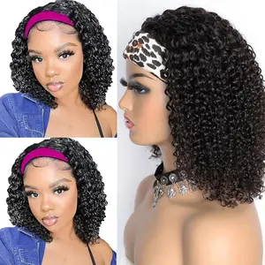 Water Wave Headband Wig Human Hair Glueless None Lace Headband Wig Brazilian Human Hair Machine Made Curly Wigs for Black Women, Short Wigs Kinky Curly Weave  Unprocessed Hair 150% Density 12 Inch