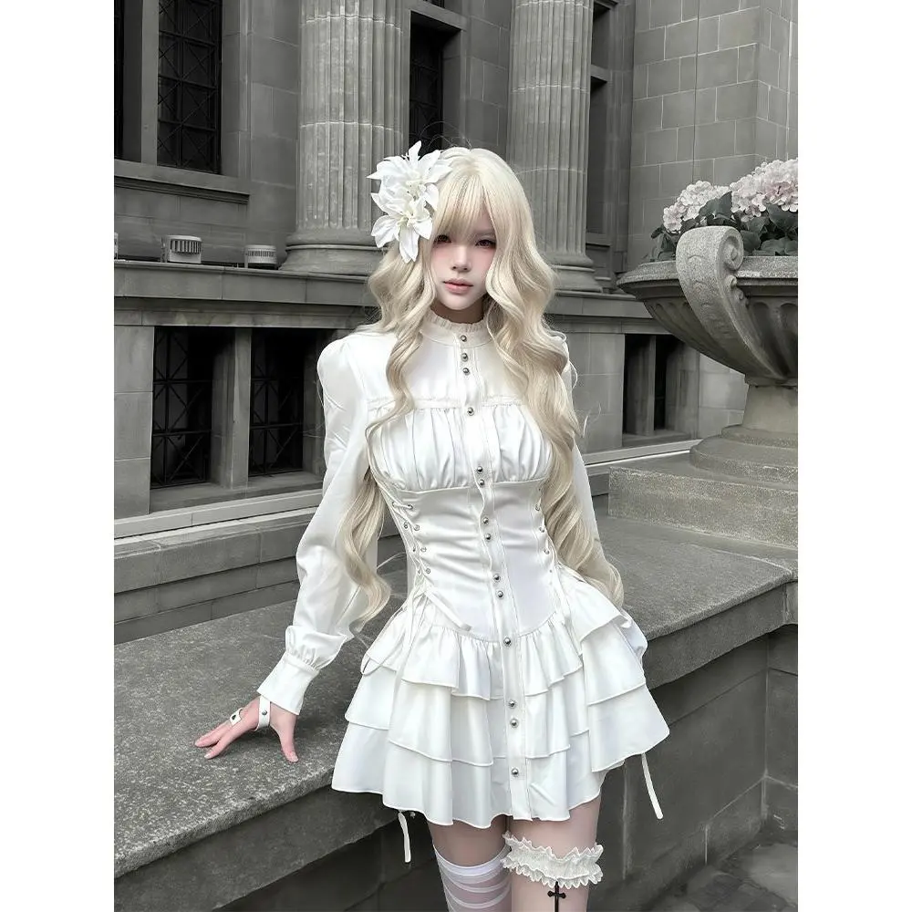 Aesthetic Gothic Hot Girl Slim White Dress Design Vintage Darkly Long Sleeve Patchwork Dresses Female France Retro Punk Dress