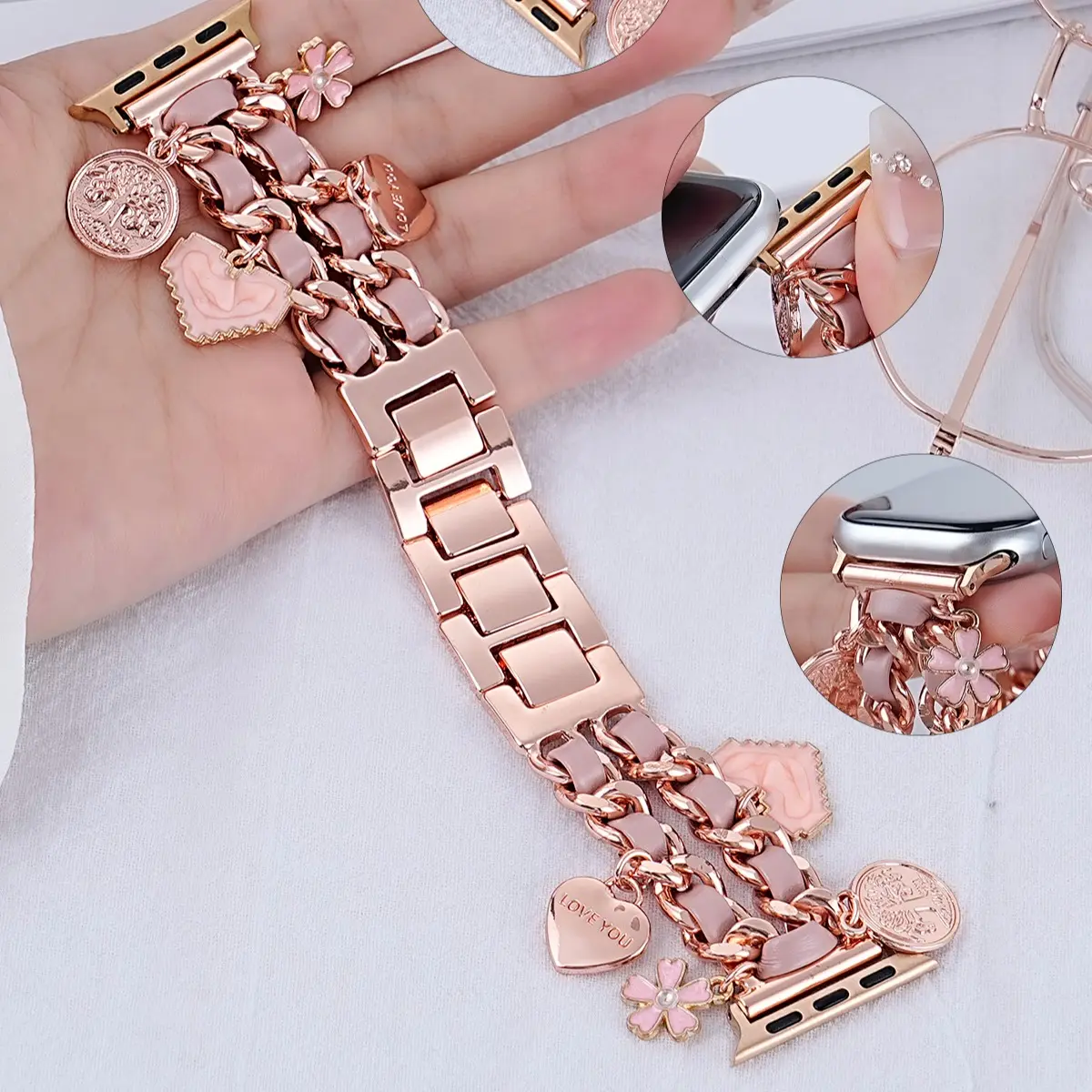 Women's Apple Watch Band, Dual Chain Leather Strap, Rose Gold Metal Buckle, Fits Iwatch Series 1-10 & Ultra, Perfect Gift, Smartwatch Accessories, Wearable Accessory