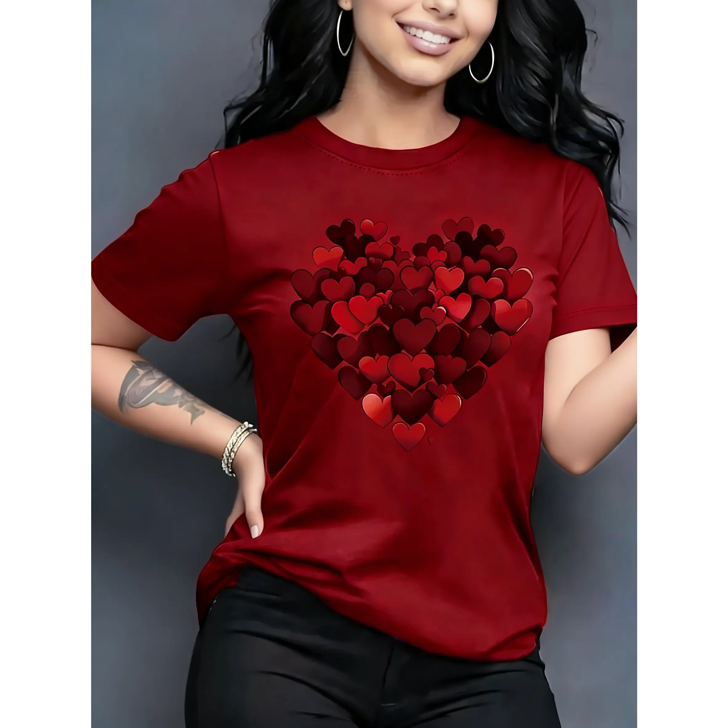Women's 100% Pure Cotton Printed Short-Sleeve Round Neck Tops - Oversized Flattering Fit, Smooth Fabric, Heart Pattern, Multiple Colors, Basic Valentine's Day Casual Gift T-Shirt, Shortsleeve, Tshirt, Valentines Day, Graphic, Comfy Casual, Lady, Capsule W