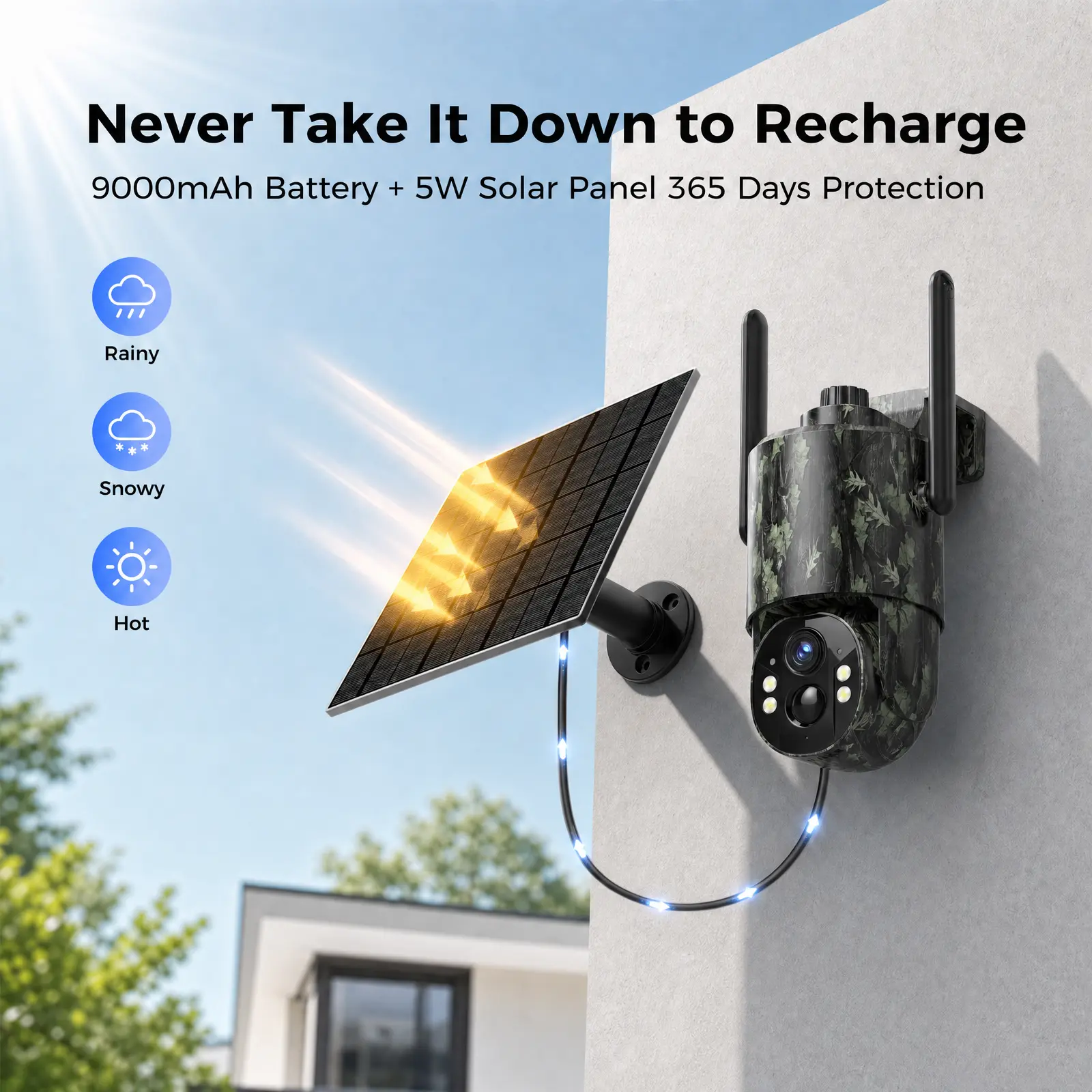 4G LTE Solar Security Camera, 4MP Outdoor Cellular Camera with 336° Pan 90° Tilt, PIR Motion Alerts, Color Night Vision, 2-Way Audio, 9000mAh Battery, IP65 Weatherproof