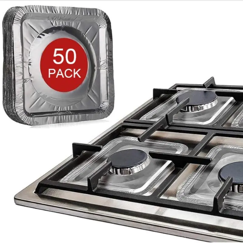 50pcs Disposable Aluminum Foil Gas Stove Protector, Square Stove Burner Liners, Range Burner, Kitchen Accessories, Durable & Reusable Design