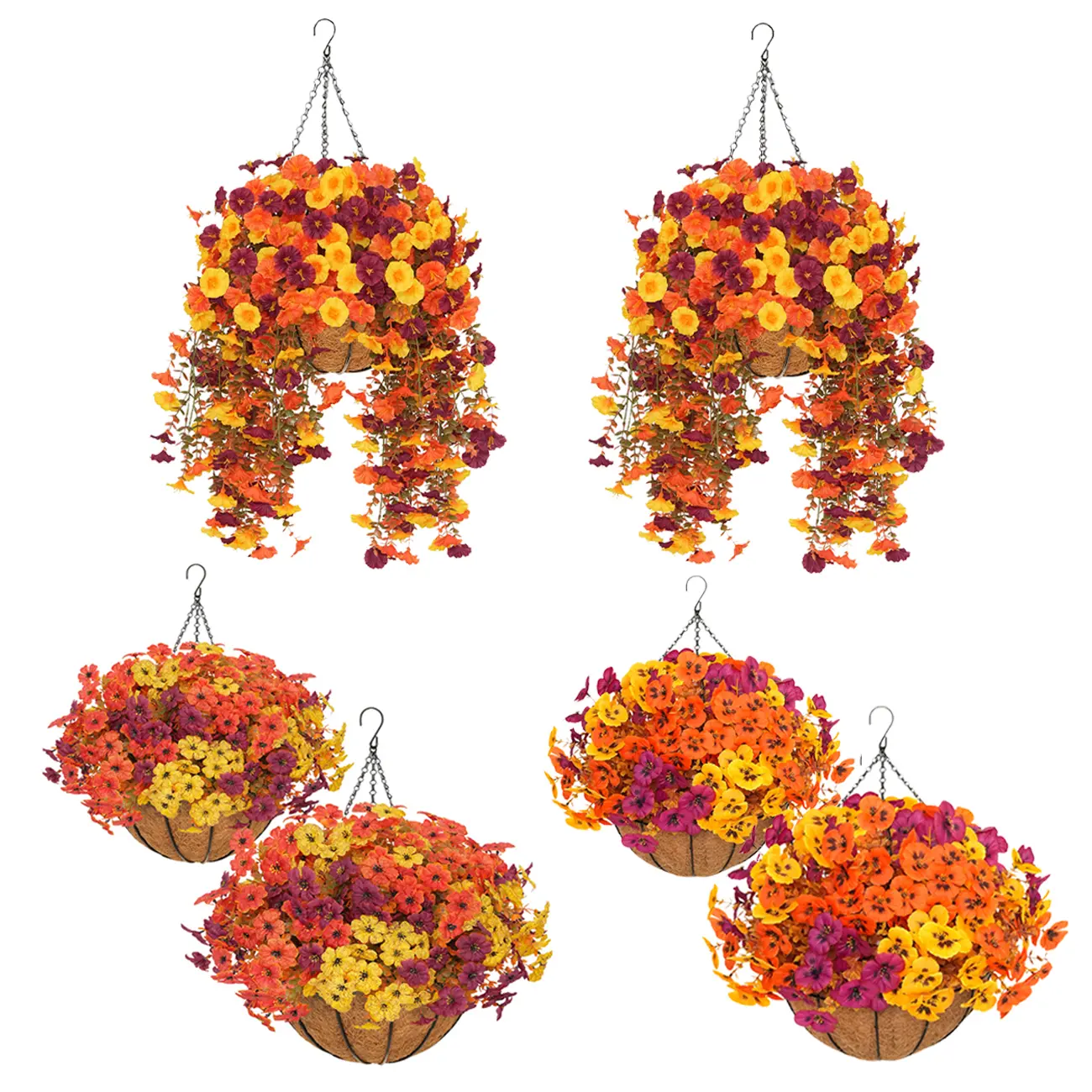 2Pcs Artificial Hanging Flower Baskets for Fall/Autumn, UV Resistant Daisies/Pansies/Trailing Morning Glories Arrangement, No Maintenance Fall Decor for Porch Patio Balcony Yard