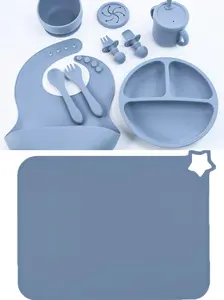 Silicone Baby Feeding Set With Mat for Led Weaning Includes Suction Bowls Divided Plates Adjustable Bib Utensils Spoons Forks Cup Mat Essentials