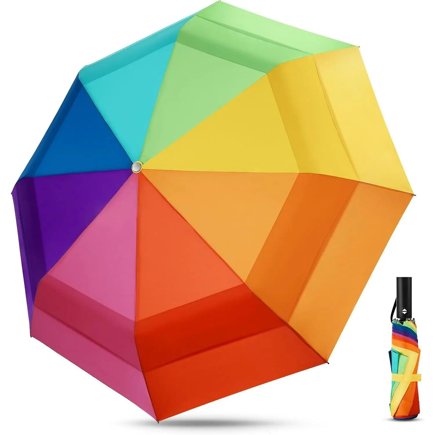 Rainbow Print Windproof Umbrella for Adults - 54in Oversized 8-Ribs Double Layer Golf Umbrella, Auto-Open, Compact Fold