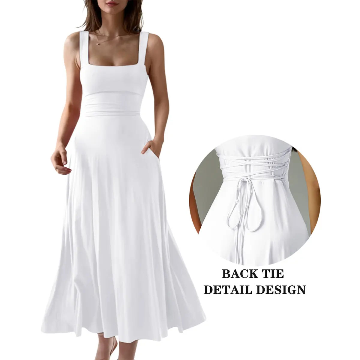 OYS Women's Casual Sleeveless Square Neck A-Line Solid Slim Flowy Long Dress with Pockets & Back Tie Detail Design OYS Women's Casual Sleeveless Square Neck A-Line Solid Slim Flowy Long Dress with Pockets & Back Tie Detail Design