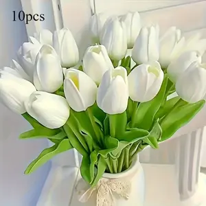 10pcs White Tulip Decorative Artificial Flowers with Stems, Genuine Touch PU Tulips, Artificial Flower Decorations, Suitable for Home, Office, Party, Spring Wreath, Wedding Bouquet, Centerpiece, Dining Table Decoration