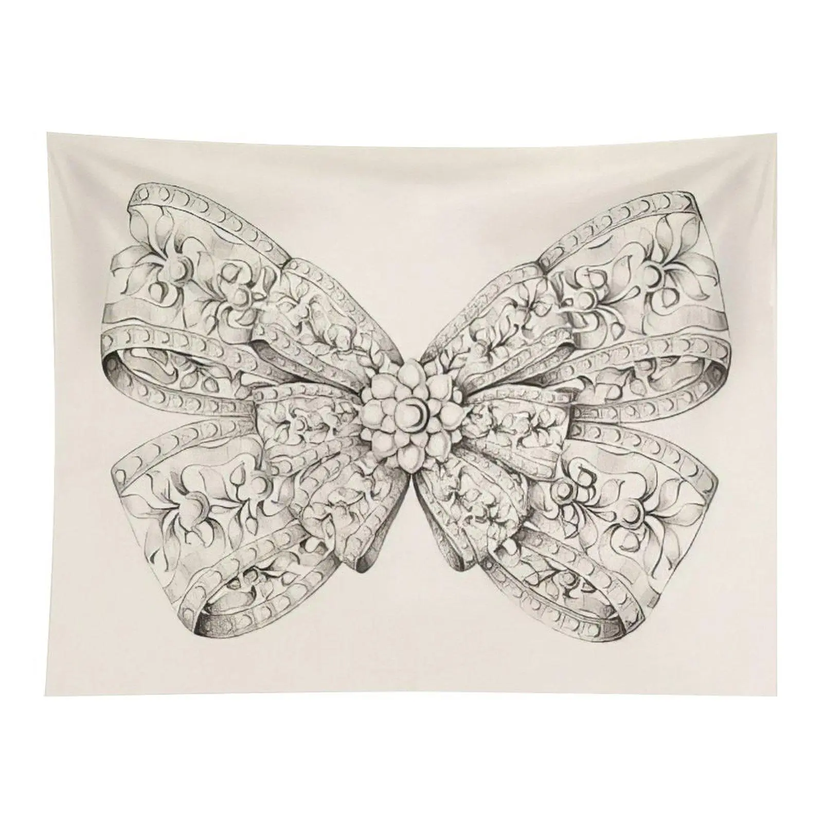 Vintage Ornate Carved Bow Sketch Wall Tapestry Elegant Monochrome Floral Ribbon Art for Bedroom Dorm Home Aesthetic Decor