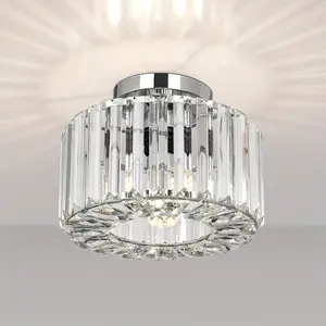 Modern crystal ceiling light, Home decoration lamp, circular silver LED pendant light, suitable for bedrooms, kitchens, living rooms, stairs, compatible with E26 three color LED bulbs (bulbs not included)