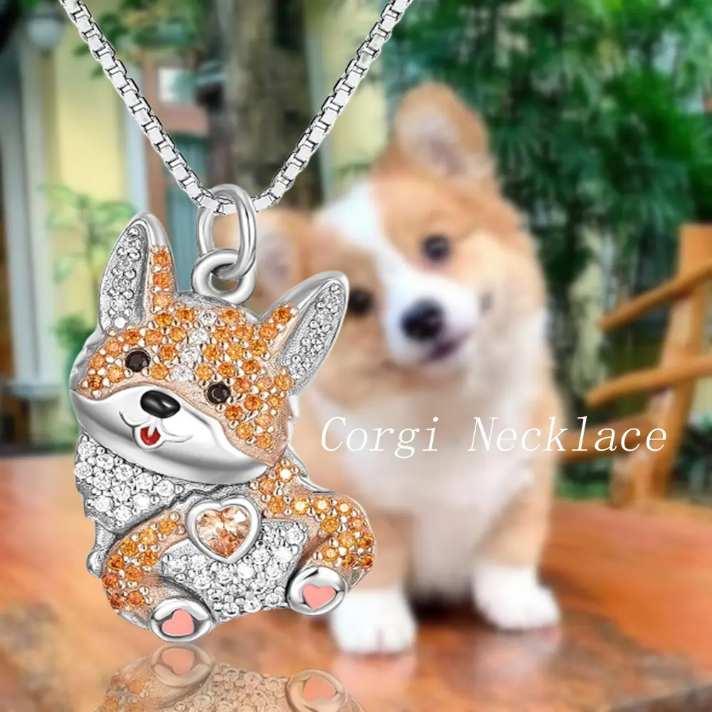 Sparkling Exquisite Cute Corgi Cubic Zirconia Alloy Necklace – Adorable Peach Dog Charm Jewelry Gift for Women, Girls, Dog Lovers, Unique Creative Design
