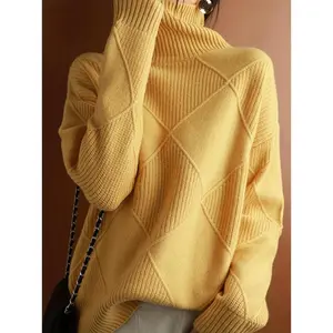 Solid Turtleneck Pullover Sweater, Casual Long-Sleeve Loose Chunky Sweater, Women’s Clothing