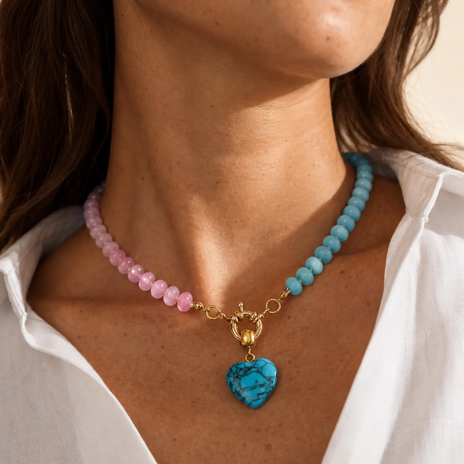 Heart Pendant Beaded Necklace Turquoise Bead Necklace Turquoise Heart Pendant Rainbow Gemstone Necklace Lapis Lazuli Heart Necklace Summer Jewelry for Women