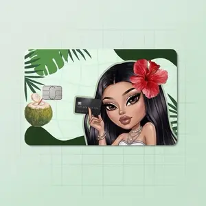 Tropical Girl Card Sticker Cover, Waterproof Vinyl, Aesthetic, 3.37x2.125 in, Scratch-Resistant Laminated, Premium Durable Design for DIY Scrapbooking & Stamping